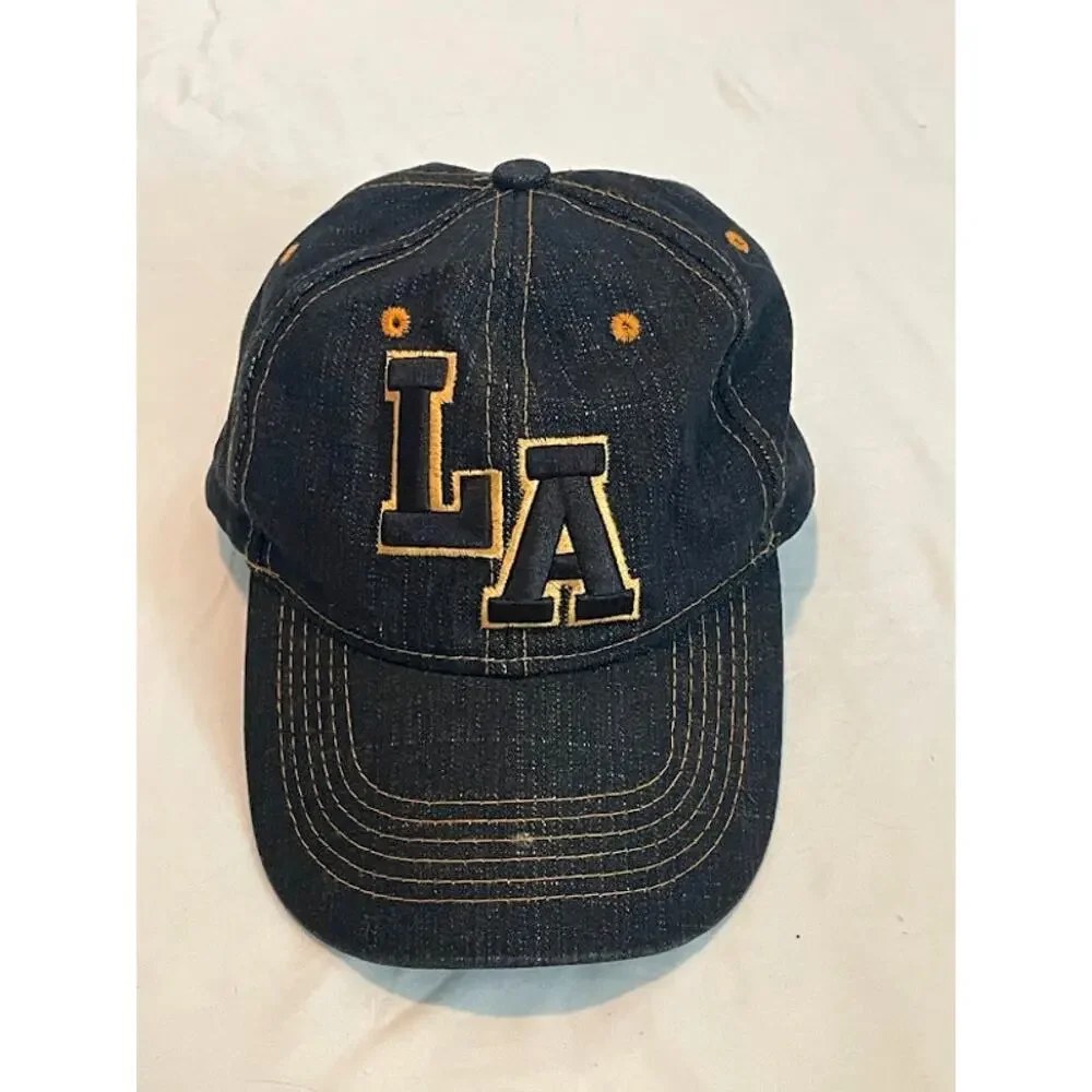 LA Los Angeles Denim Baseball Hat Cap Blue Dark Wash Distressed Gold Stitch